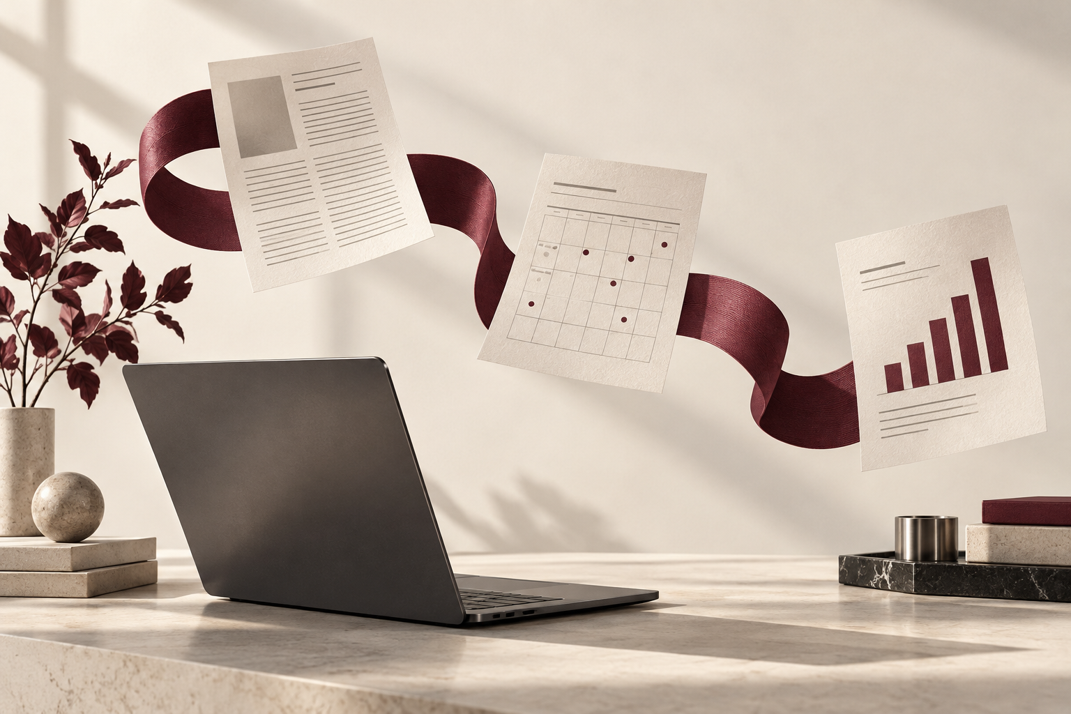 Illustration skapad med AI: en bärbar dator och ett vinrött band som binder samman text, planering och ett diagram.